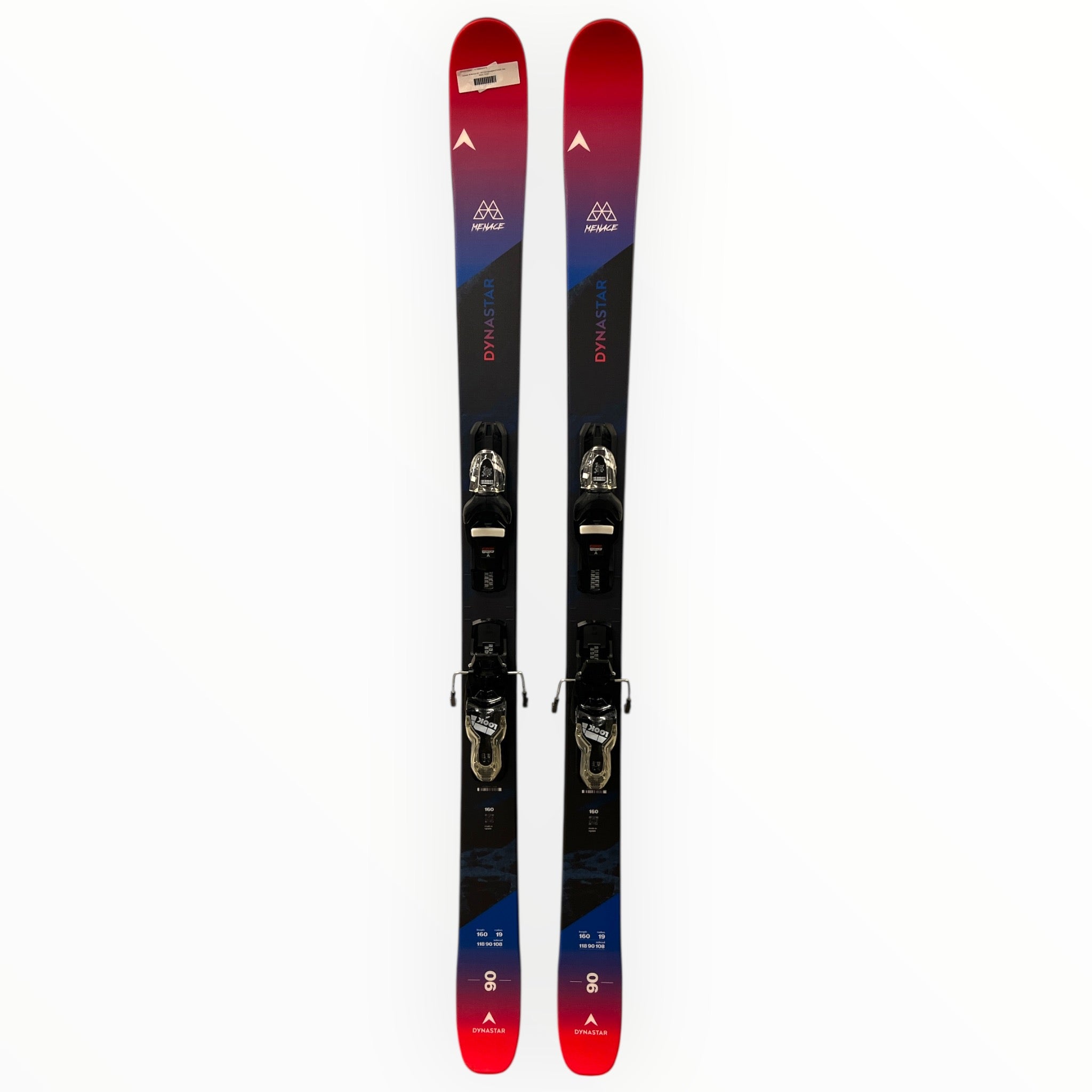 The Dynastar M-Menace 90 + M10 GW Bindings feature a red-to-blue gradient topsheet and bold white mountain logo graphics near the tips.