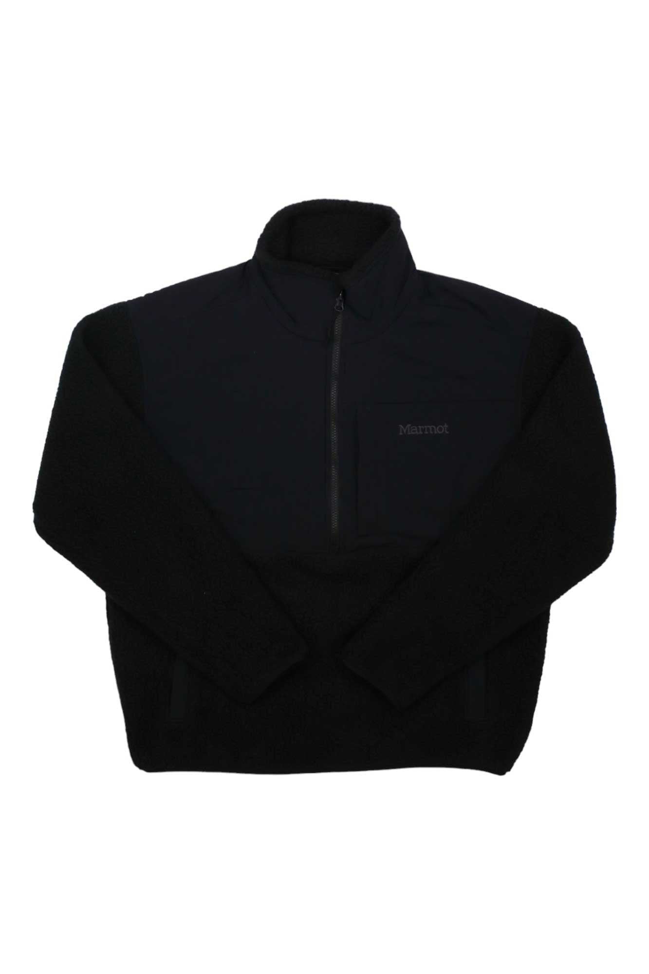 The Men's Wiley Polartec 1/2-Zip Fleece is a black pullover with long sleeves, a stand-up collar, and the Marmot logo on the left chest, shown laid flat on a white background.