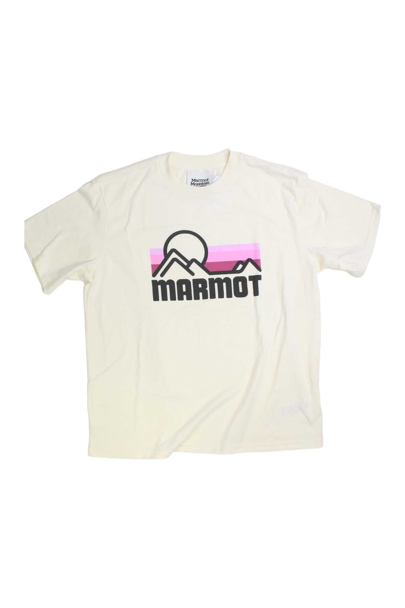 The Womens Coastal Short-Sleeve T-Shirt is a cream tee made from recycled polyester, featuring a black and pink Marmot logo with mountains and a sun.