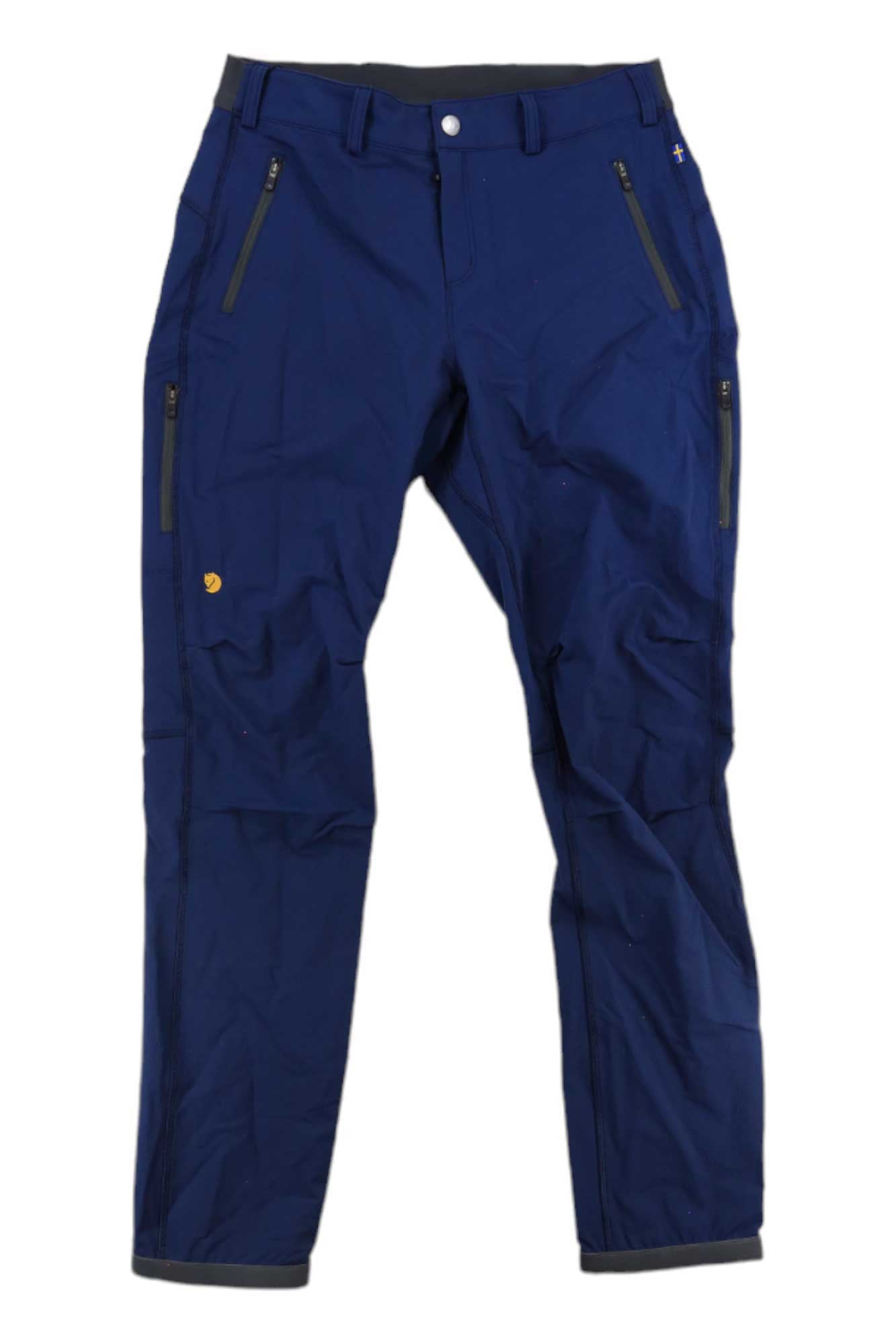 Women’s blue stretch trousers with zip fly, button waist, belt loops, and zip cargo pockets.