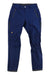 Women’s blue stretch trousers with zip fly, button waist, belt loops, and zip cargo pockets.