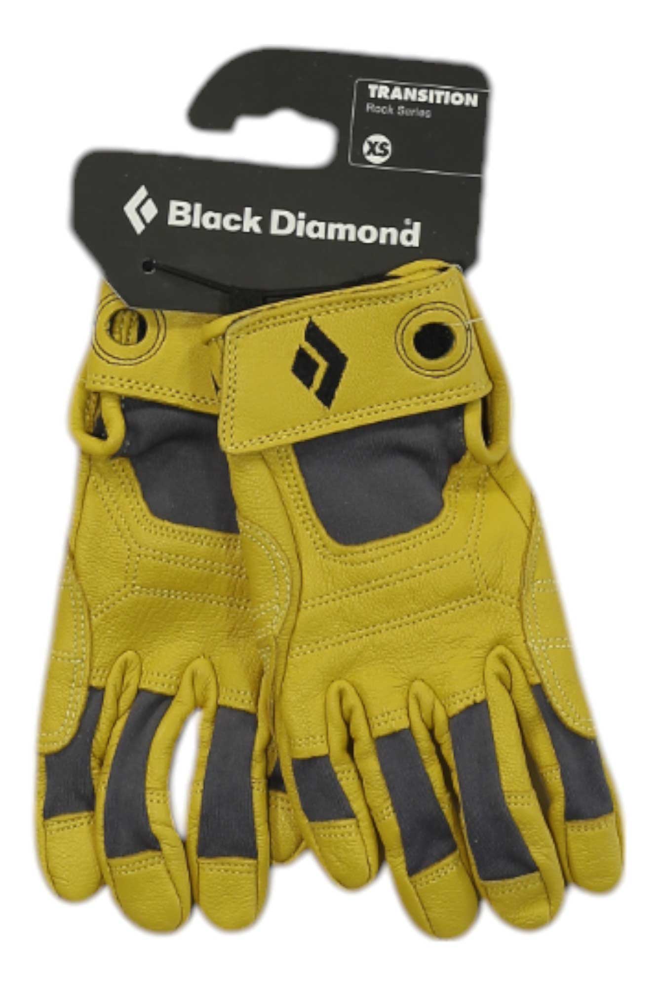 A pair of Black Diamond Transition Gloves in yellow and gray, size XS, joined with a branded tag, delivers reliable outdoor protection for rock climbing.