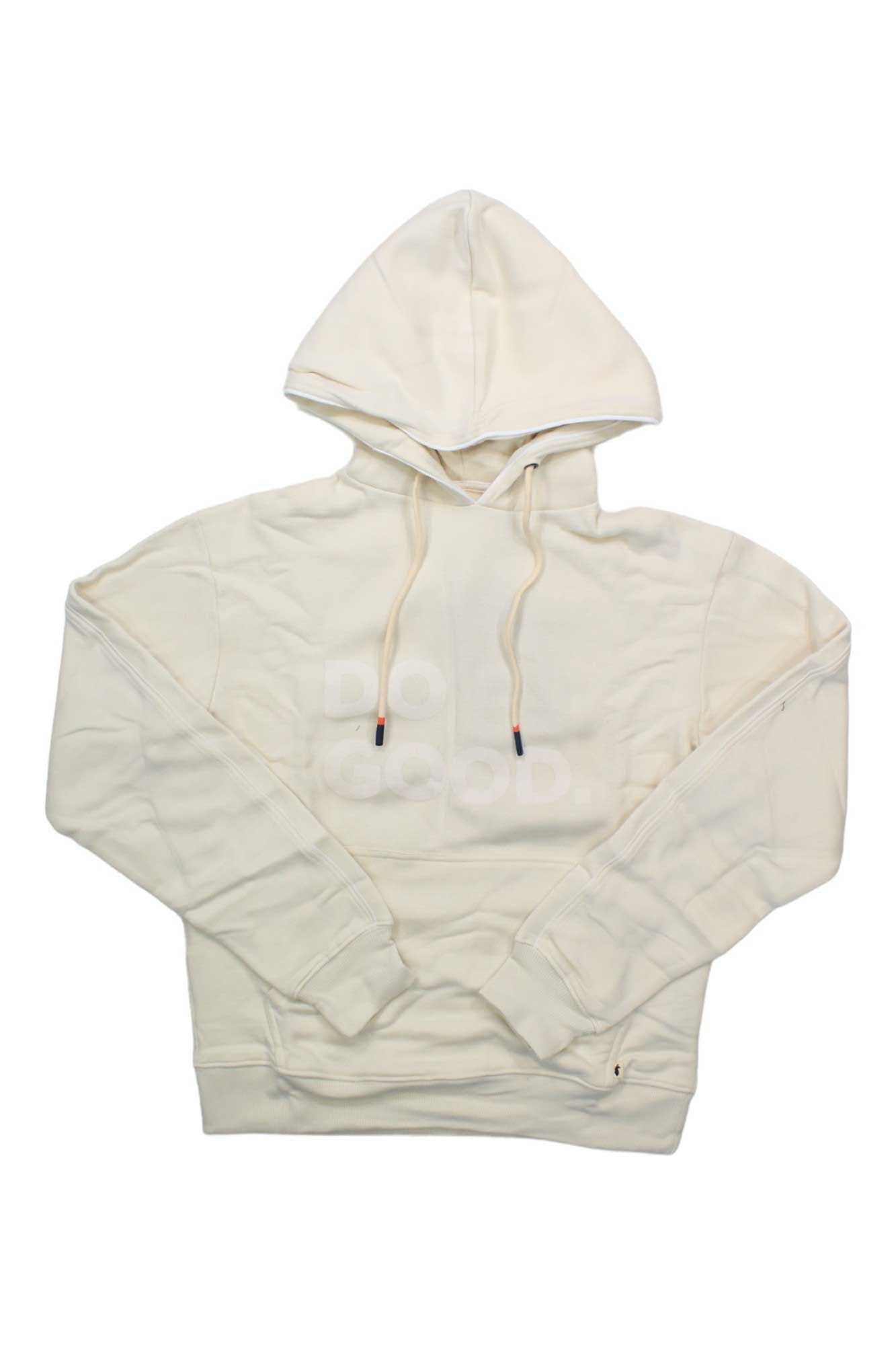 The Cotopaxi Womens Do Good Hoodie is a cream-colored, organic cotton hoodie with drawstrings and long sleeves. "DO GOOD" is subtly printed in white on the front, shown laid flat on a white background.