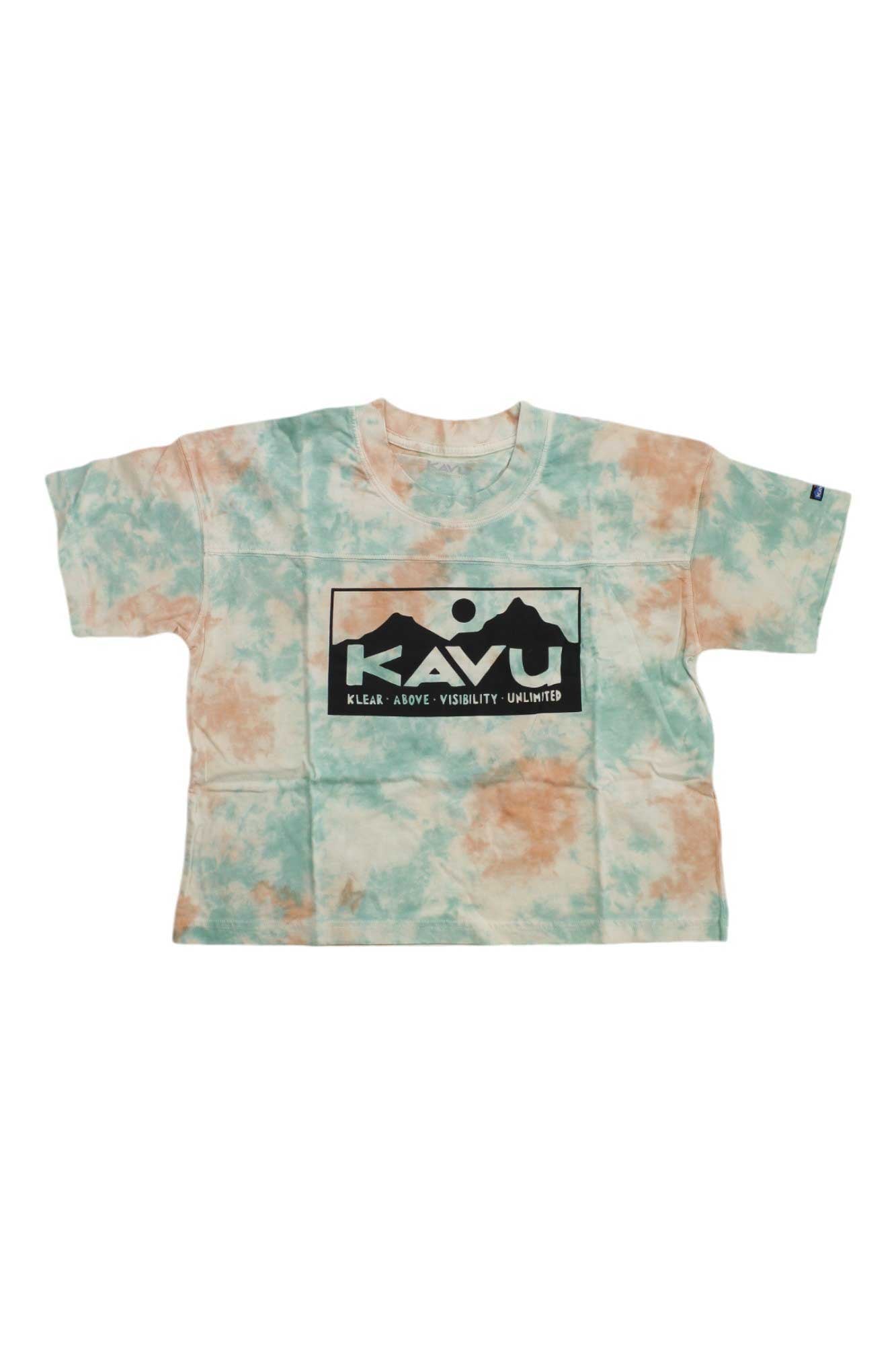 The KAVU Womens Malin Top is a pastel green and orange short-sleeve tie-dye travel shirt made from organic cotton, featuring a large black KAVU logo and “Klear Above Visibility Unlimited” text on the front.