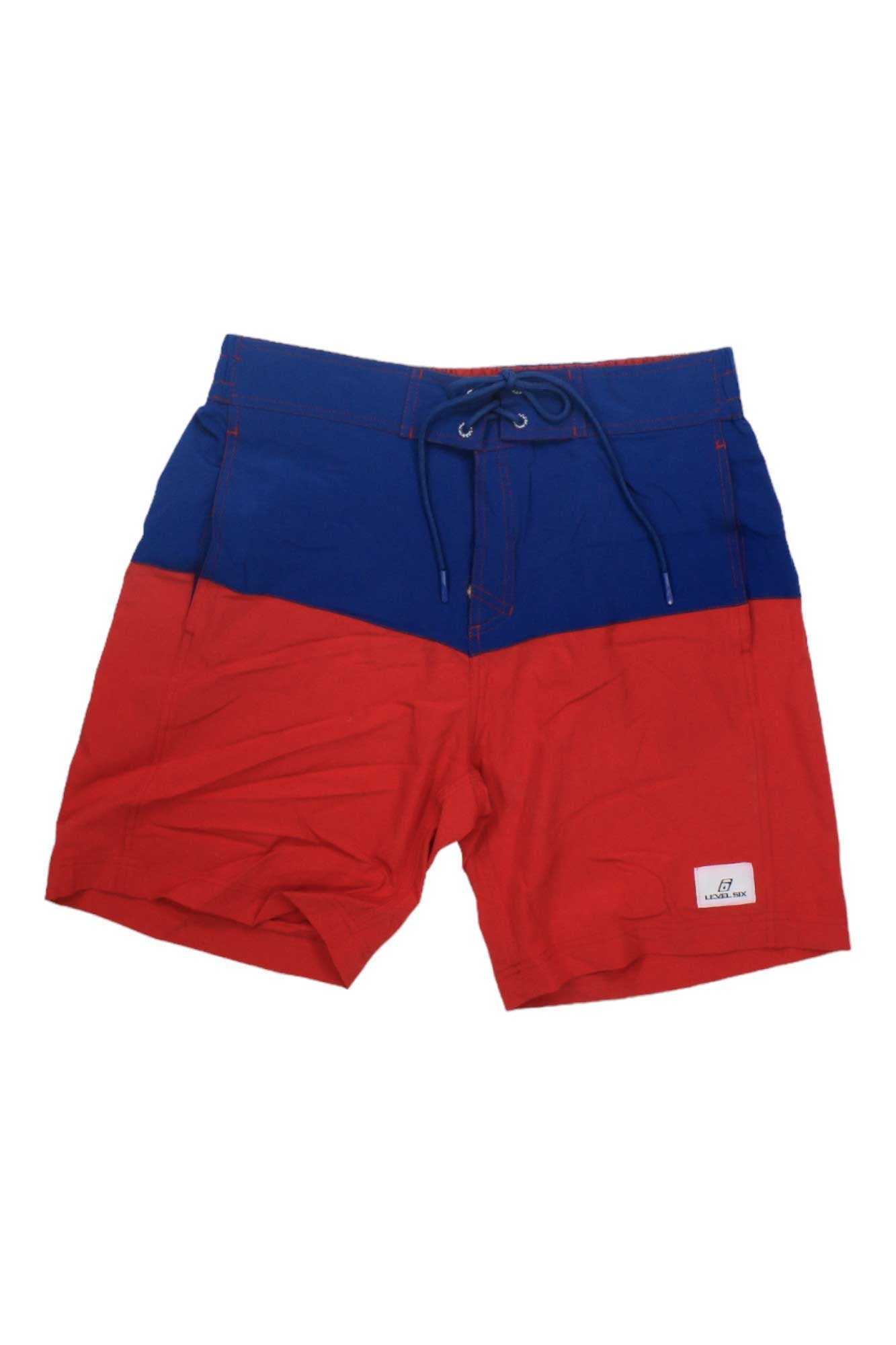 Men's slanted swim shorts, red and blue color-block with drawstring waist and white logo patch