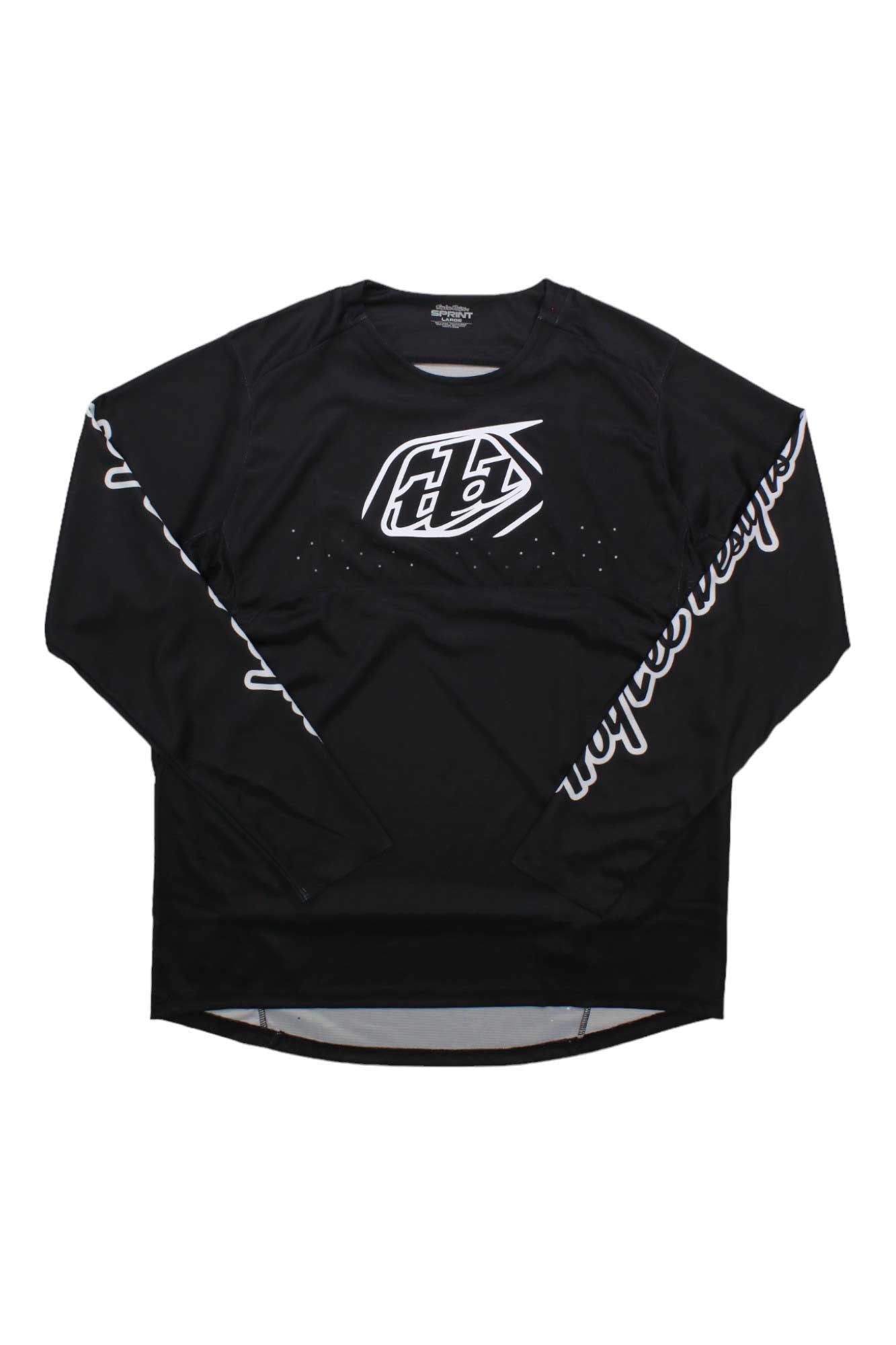 Men's black long-sleeve cycling jersey with white emblem center and diagonal sleeve stripe
