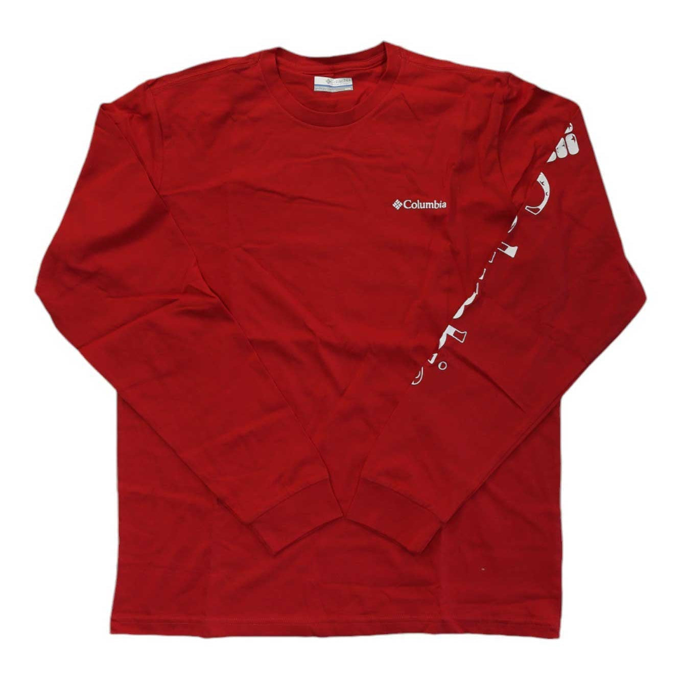 Red long-sleeve crewneck shirt, Columbia logo, music-note graphic on right sleeve