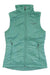 The Columbia Women's Mighty Lite III Vest in light teal features synthetic insulation, a zip-up front, two zippered pockets, and a high collar. The sleeveless vest is displayed flat on a white background.