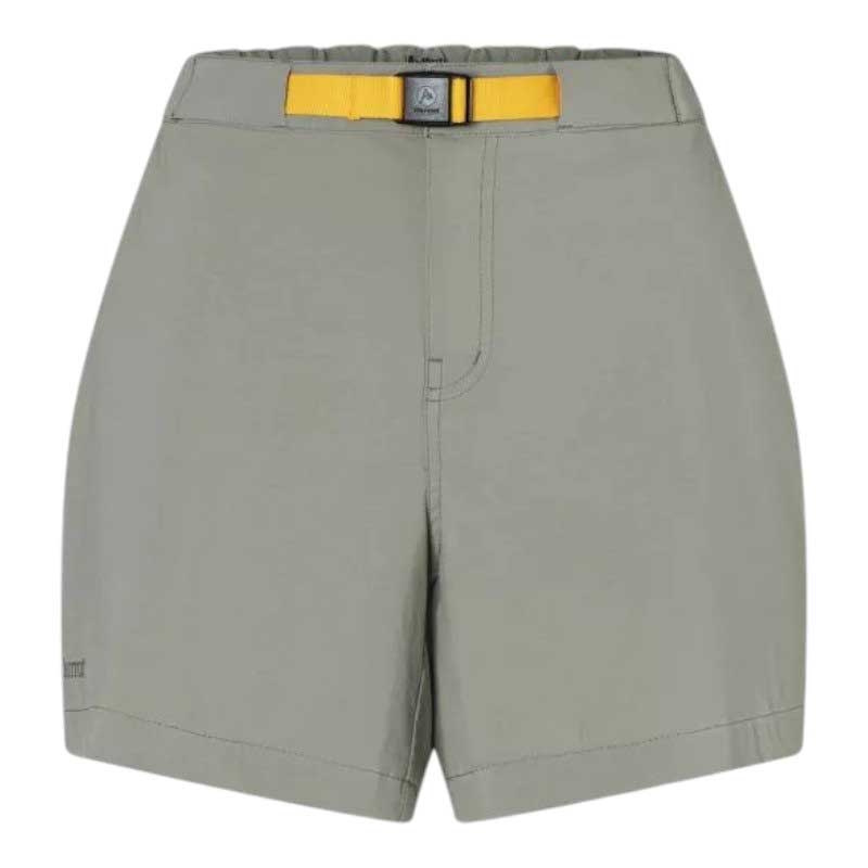 The Marmot Womens Kodachrome 5 Inch Short features light gray quick-dry fabric, UPF 50 protection, a yellow belt, front seam details, and a straight fit—ideal for outdoor adventures. Shown on a white background.