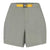 The Marmot Womens Kodachrome 5 Inch Short features light gray quick-dry fabric, UPF 50 protection, a yellow belt, front seam details, and a straight fit—ideal for outdoor adventures. Shown on a white background.