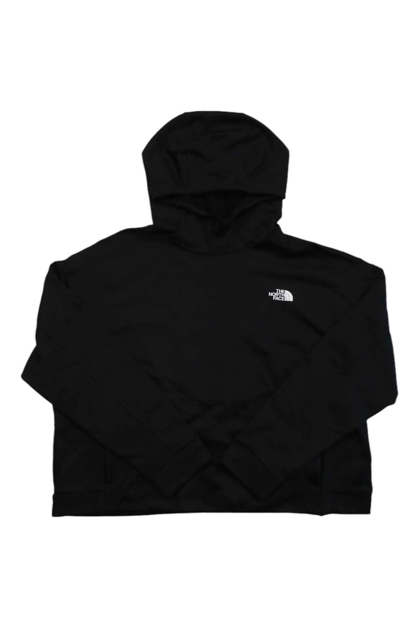 The North Face Womens Canyonlands Pullover Crop in black, featuring long sleeves and a white logo on the left chest, is laid flat on a white background. This cozy fleece pullover is ideal for everyday comfort.