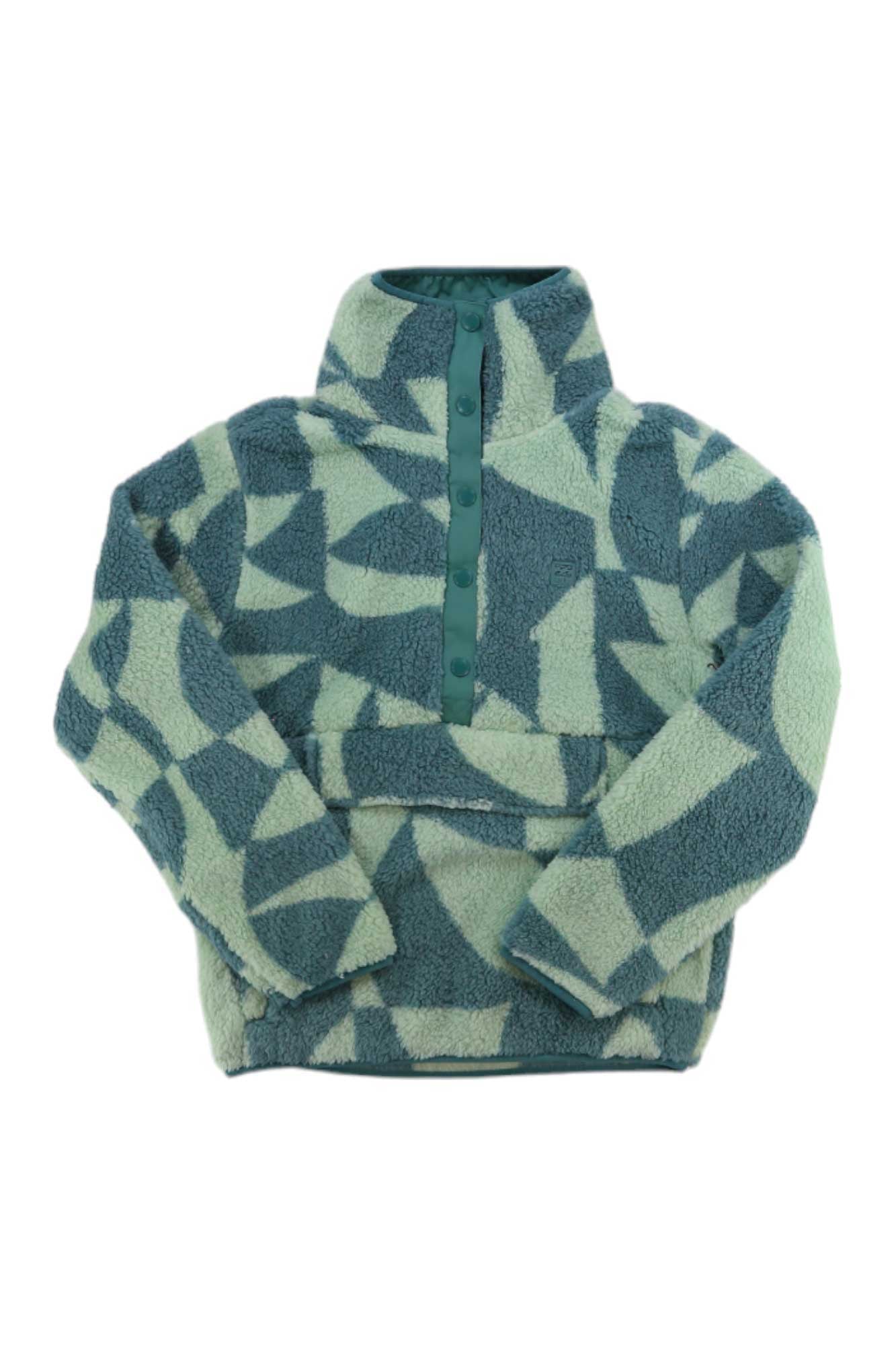The Billabong Women's Switchback Pullover is a fuzzy, long-sleeve fleece with a high collar, partial snap-button front, and abstract geometric pattern in dark teal and mint green—ideal for cozy, casual wear.