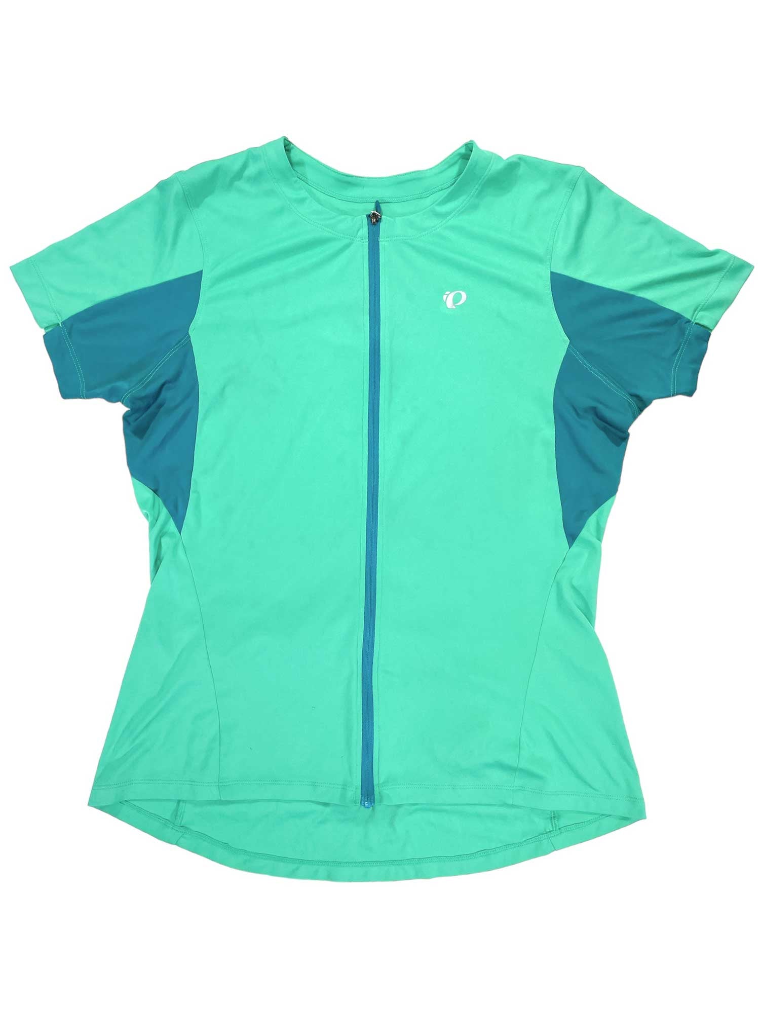 Teal women's zip-front short-sleeve athletic jersey with side panels