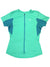 Teal women's zip-front short-sleeve athletic jersey with side panels