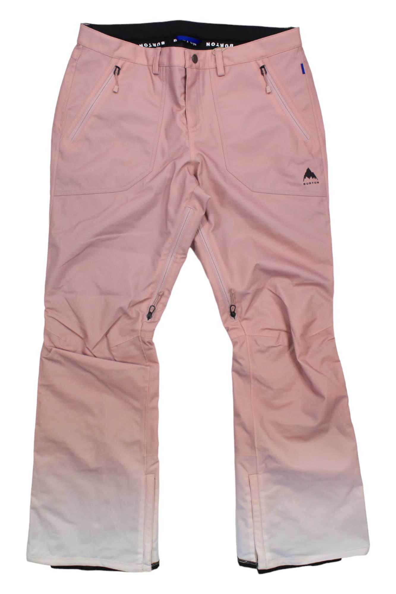Burton Womens Vida Pant in light pink features zippered pockets, black interior waistband, a small mountain logo on the left thigh, breathable slim-fit fabric, and slight color fade near the ankles. Shown laid flat on a white background.