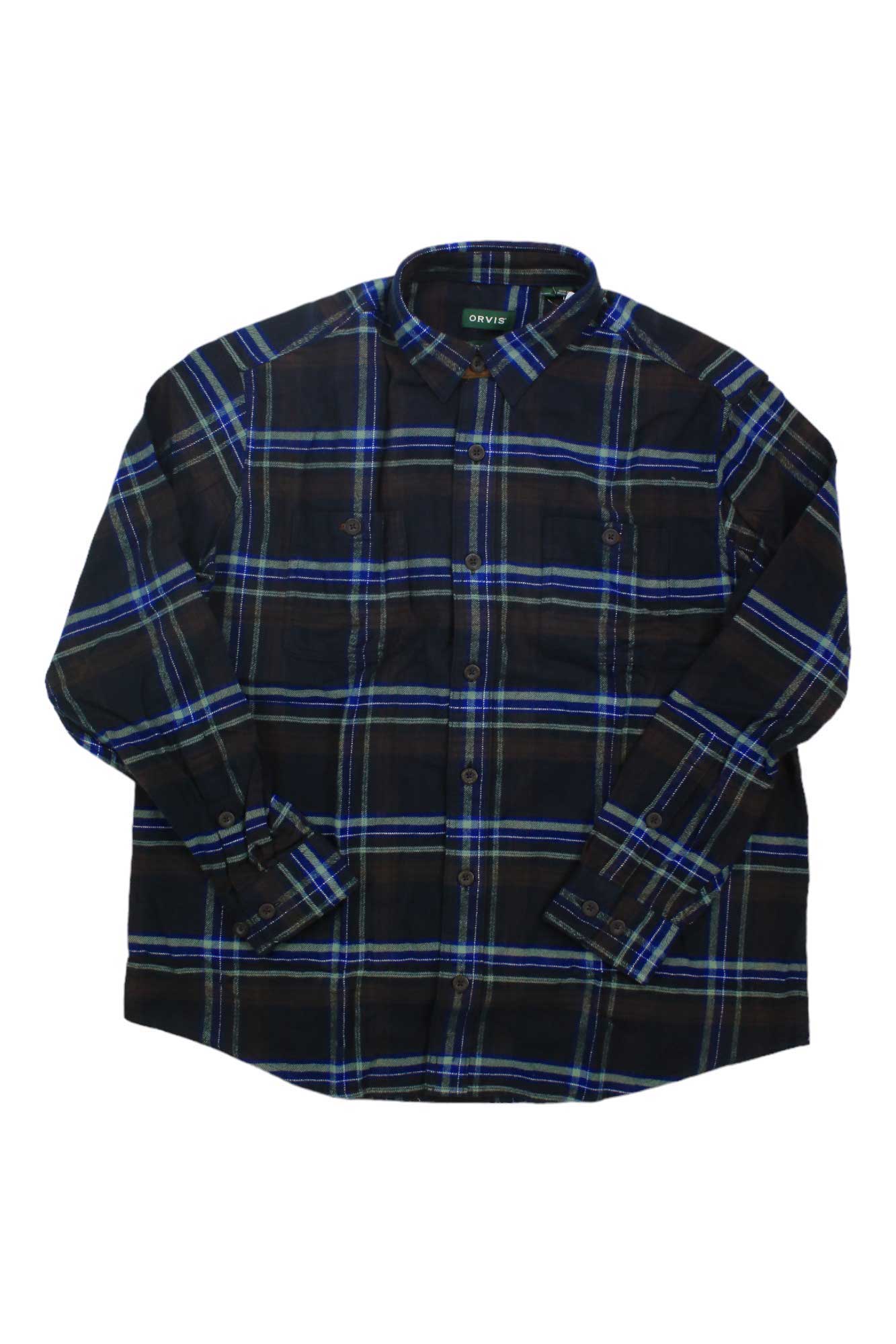 Men's dark plaid flannel button-up shirt with blue stripe grid and chest pocket