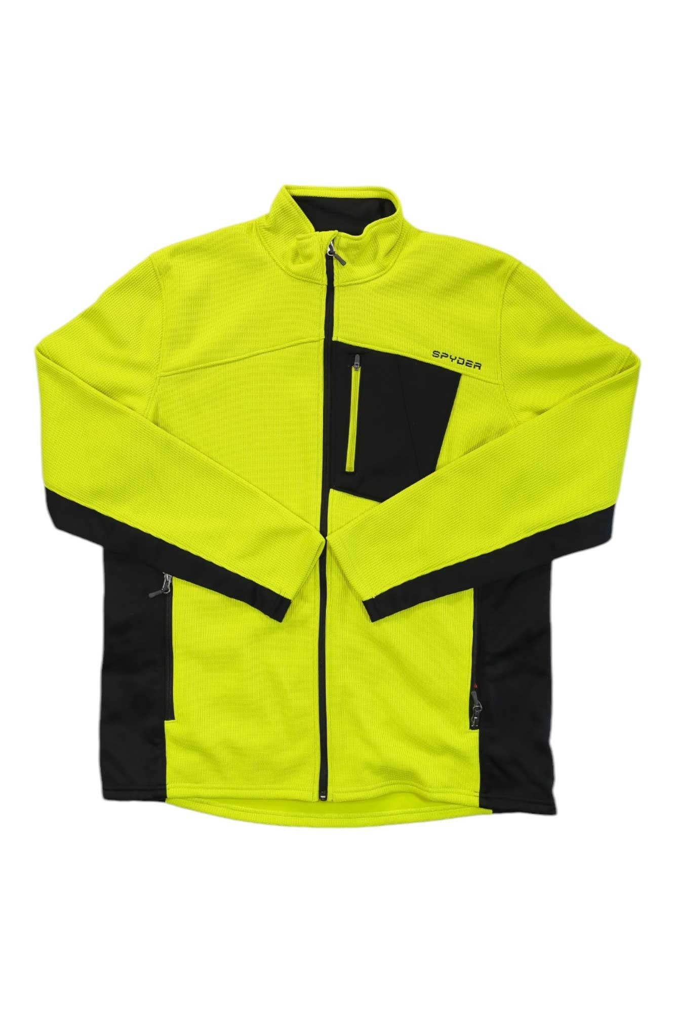 The Spyder Mens Bandit Full Zip Jacket is a bright yellow fleece with black side panels, zippered chest pocket, and Spyder branding on the left chest—ideal for cold-weather sports.