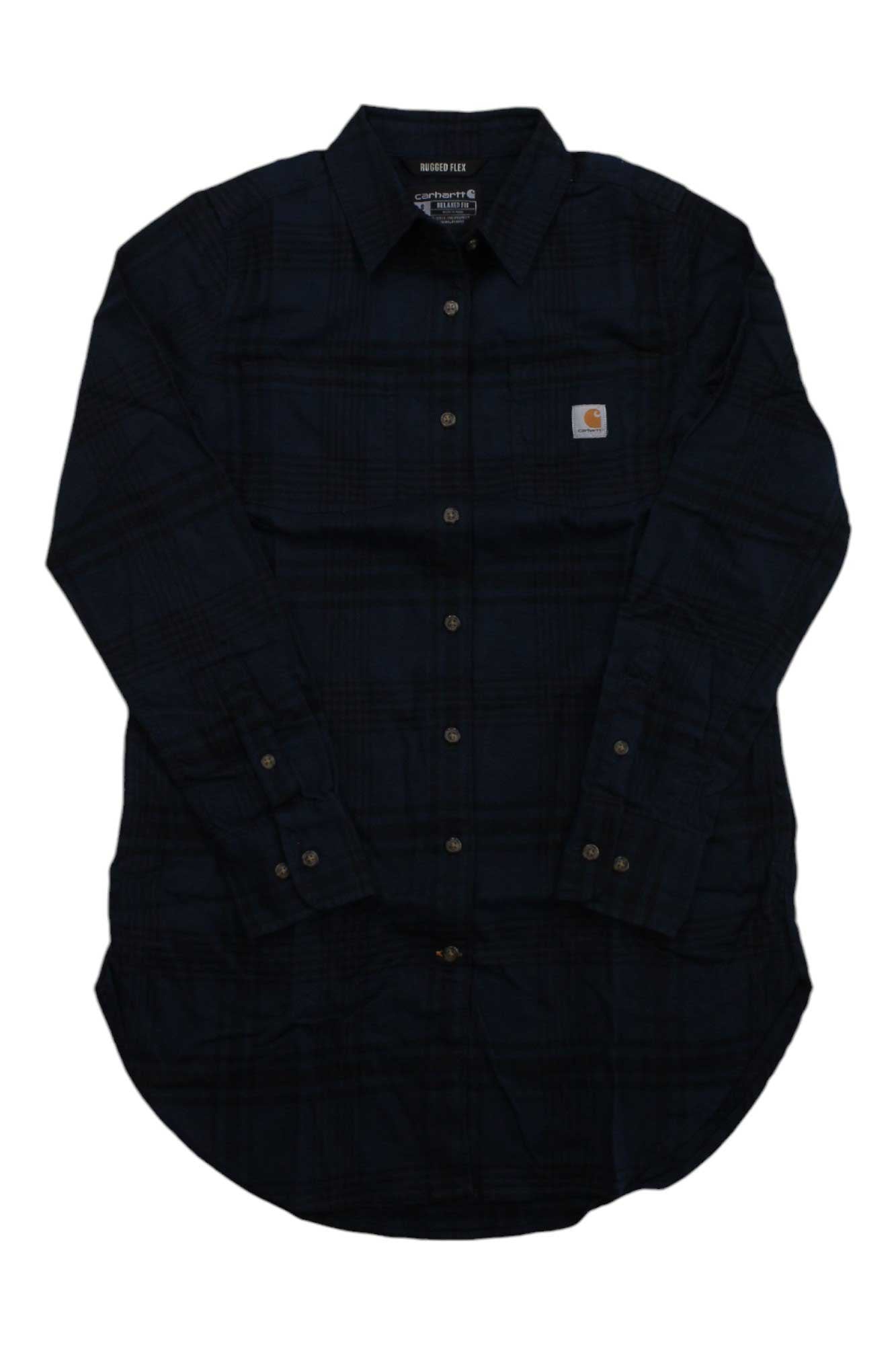 The Carhartt Womens Rugged Flex Relaxed Fit Midweight Flannel LS Plaid Tunic is a long-sleeve plaid button-up with a collar, buttoned cuffs, left chest logo patch, and stretch fabric for comfort.