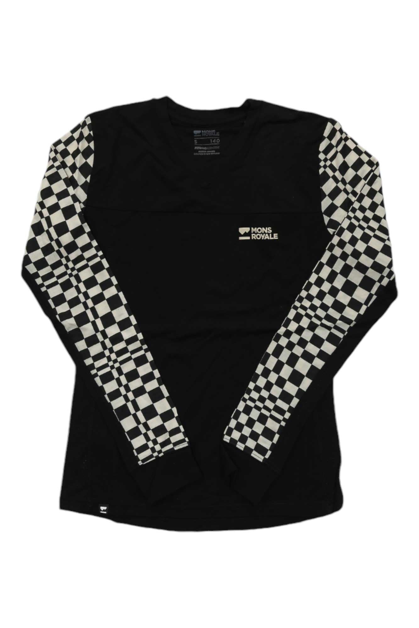 Women’s enduro long-sleeve top with chest logo, black and checkered sleeves