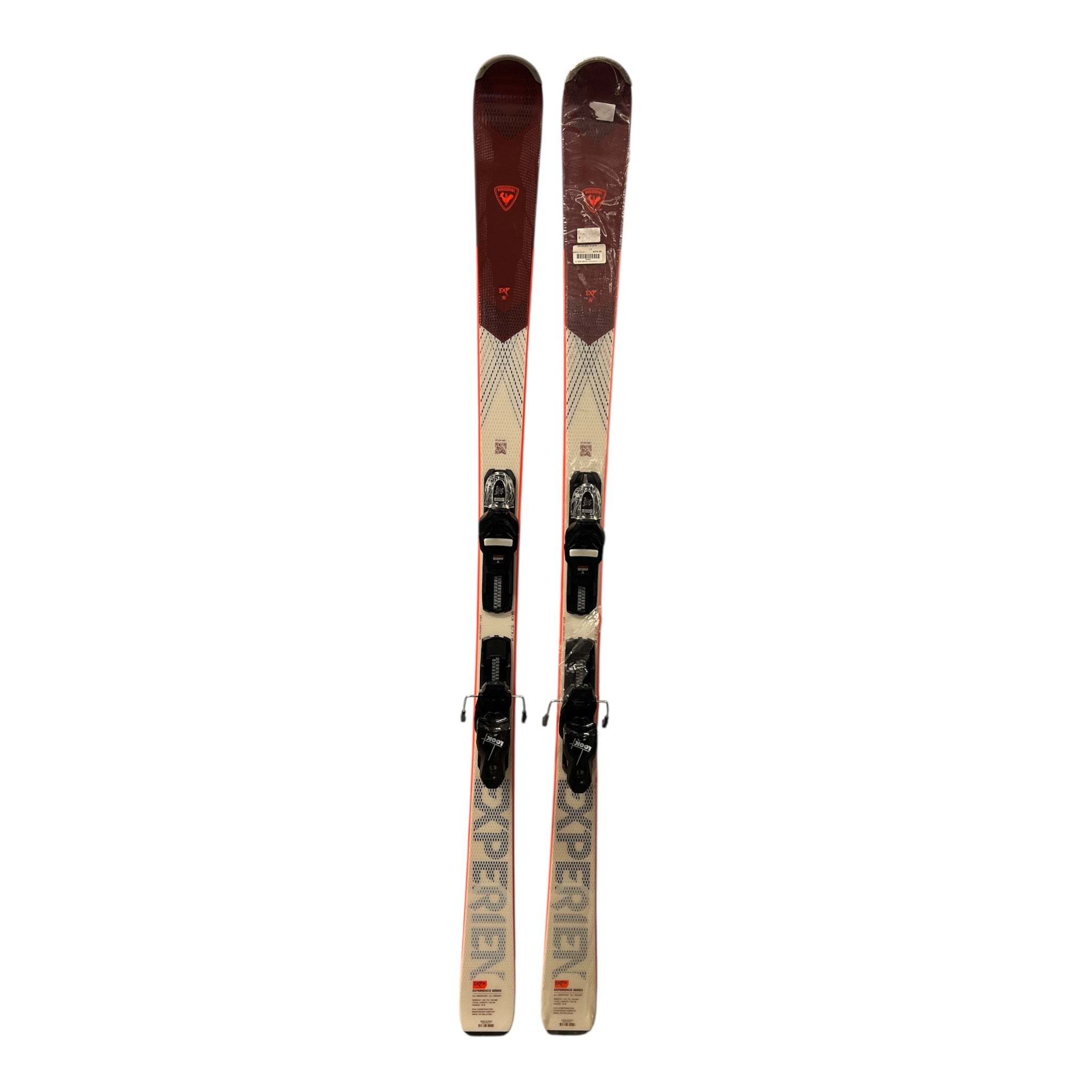 The Rossignol Experience 76 + Xpress 10 Bindings feature a red and beige design with "EXPERIENCE" near the tips—perfect alpine skis for intermediate to advanced skiers.