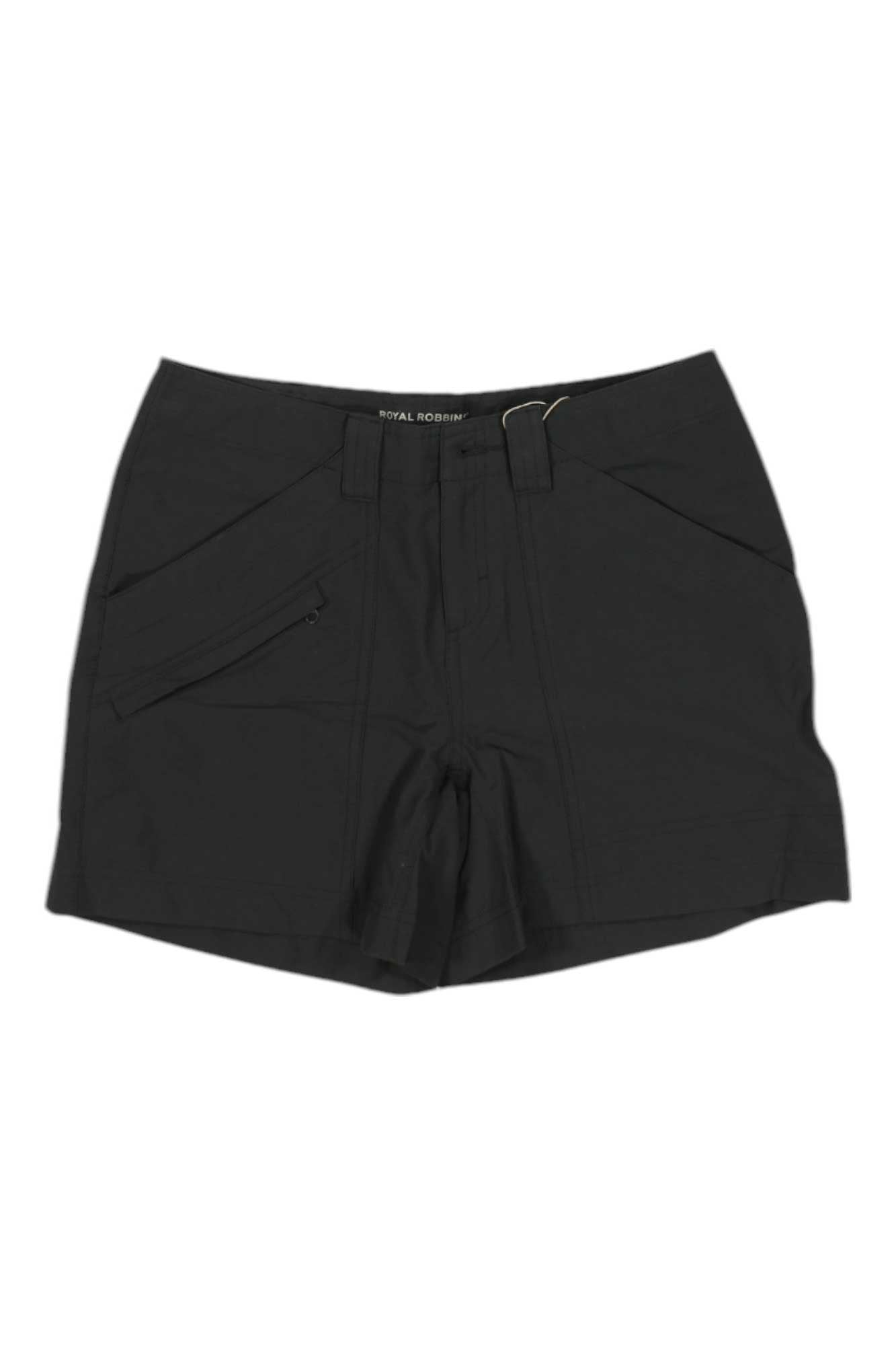 The Royal Robbins Womens Backcountry Pro 5 Inch Short in black features front pockets and a zipper fly, laid flat on a white background—ideal hiking shorts for outdoor adventures.