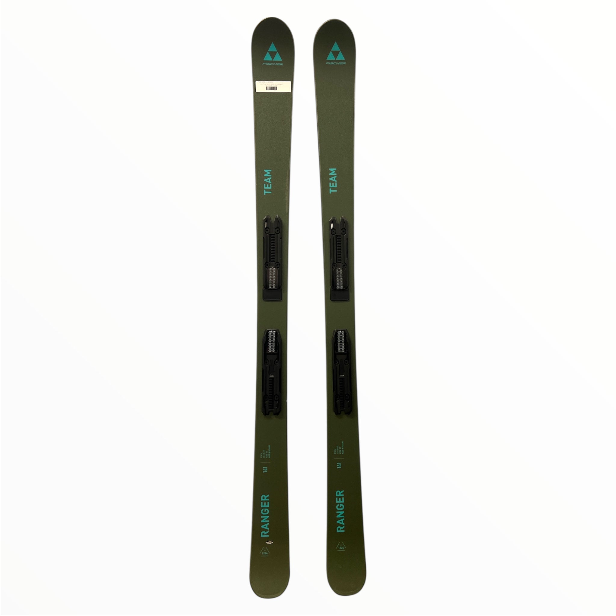 A pair of green Fischer Ranger Team Jrs Demo Skis (no binding), displayed side by side on a white background. The junior skis are labeled "Ranger" and "Team," ideal for young alpine skiing enthusiasts.