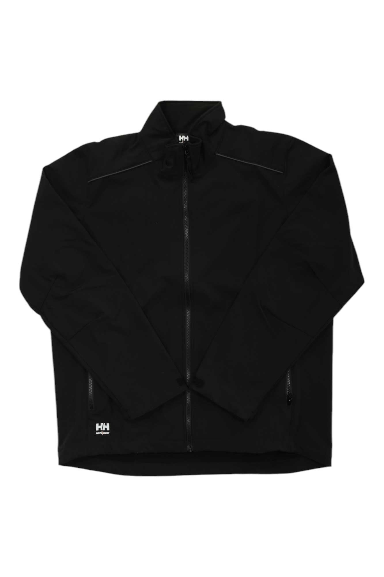 A black Helly Hansen Mens Manchester 2.0 Softshell Jacket with a front zipper, high collar, and two zippered side pockets is displayed flat on a white background. Water repellent and ideal for hiking, with the logo on the lower left side.