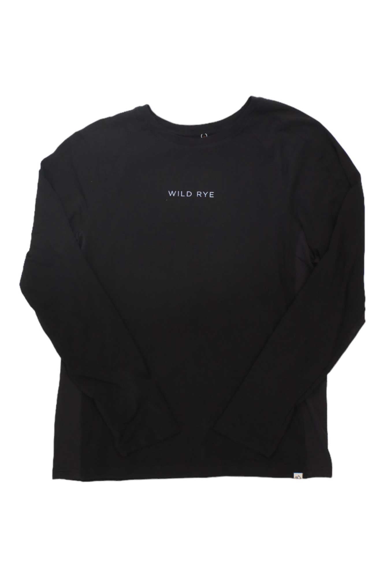 The Wild Rye Womens Holly Enduro Jersey is a black long-sleeve top featuring "WILD RYE" in white, centered on the chest. This UPF 50 women's jersey is shown laid flat on a white background.