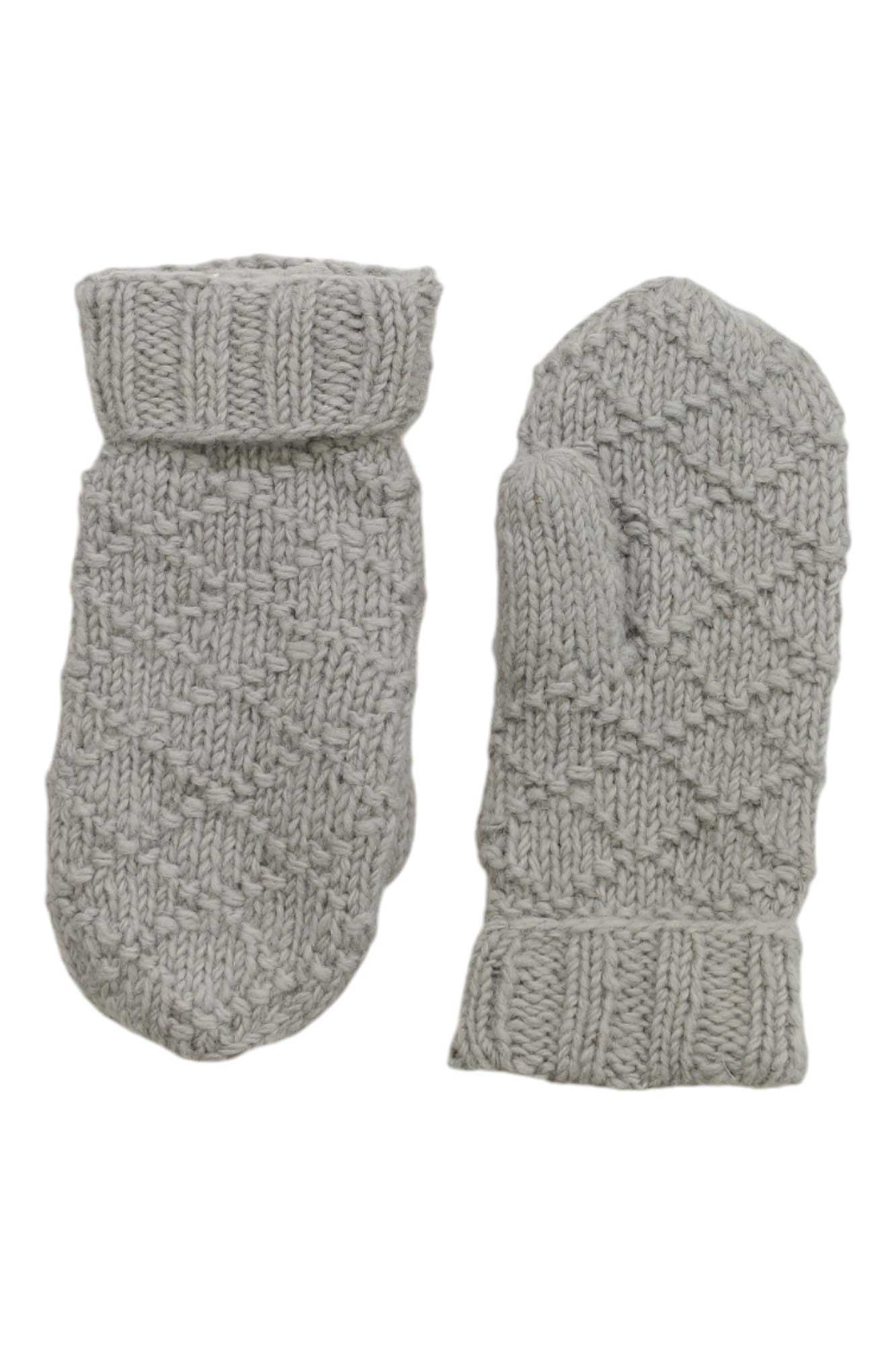 The Lost Horizons Women's Tiffany Mitten is a pair of light gray knit mittens with a textured pattern and ribbed cuffs, shown palm up and down—ideal winter gloves for cozy warmth.
