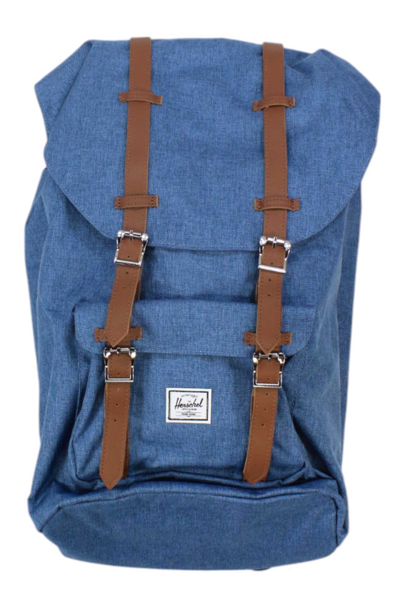 A blue fabric Herschel Supply Company Little America Backpack with brown leather straps, silver buckles, a front pocket, and a white rectangular label with black text on the front.