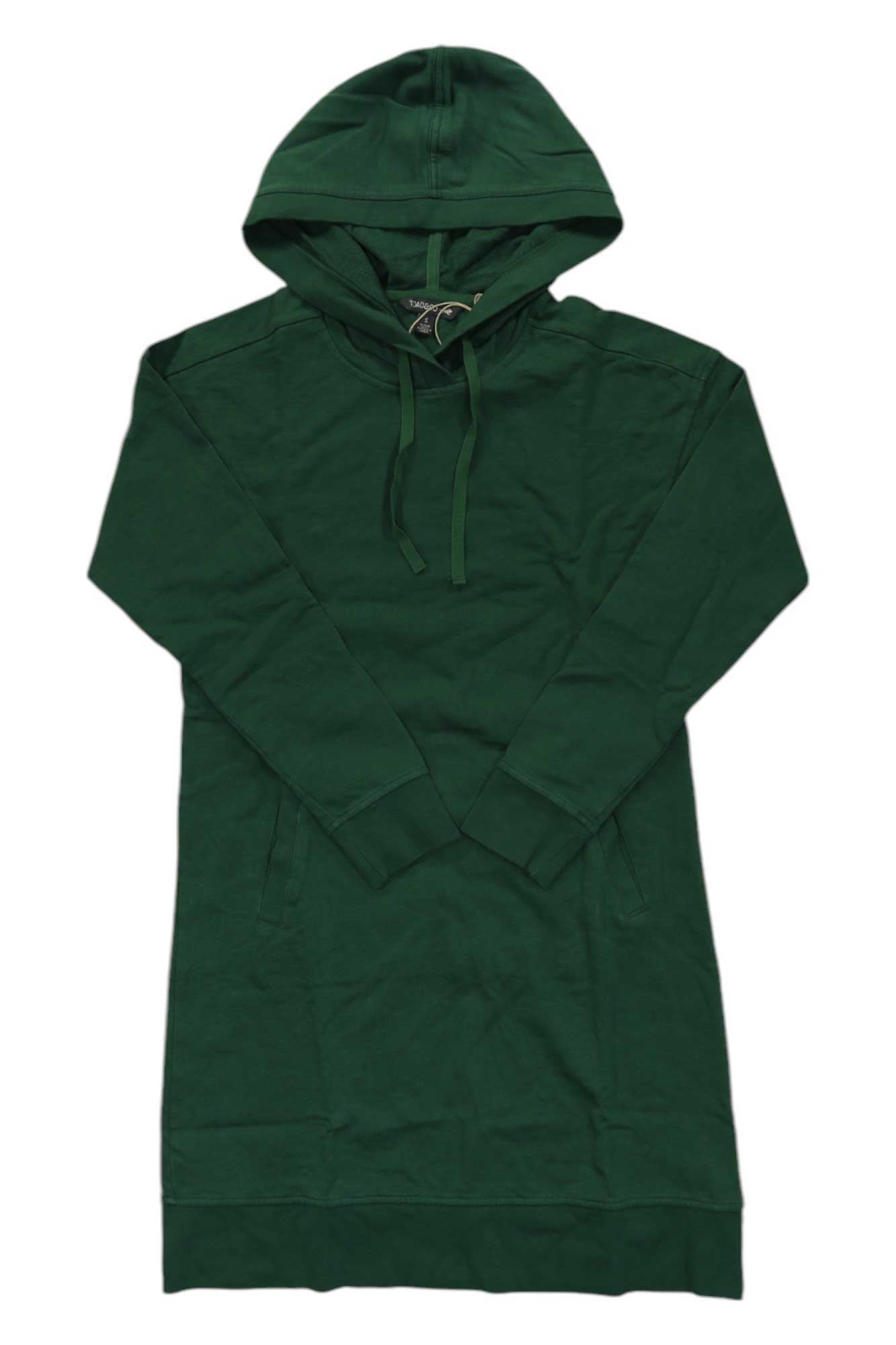 Toad & Co women's hooded dress, dark green with drawstring hood and long sleeves