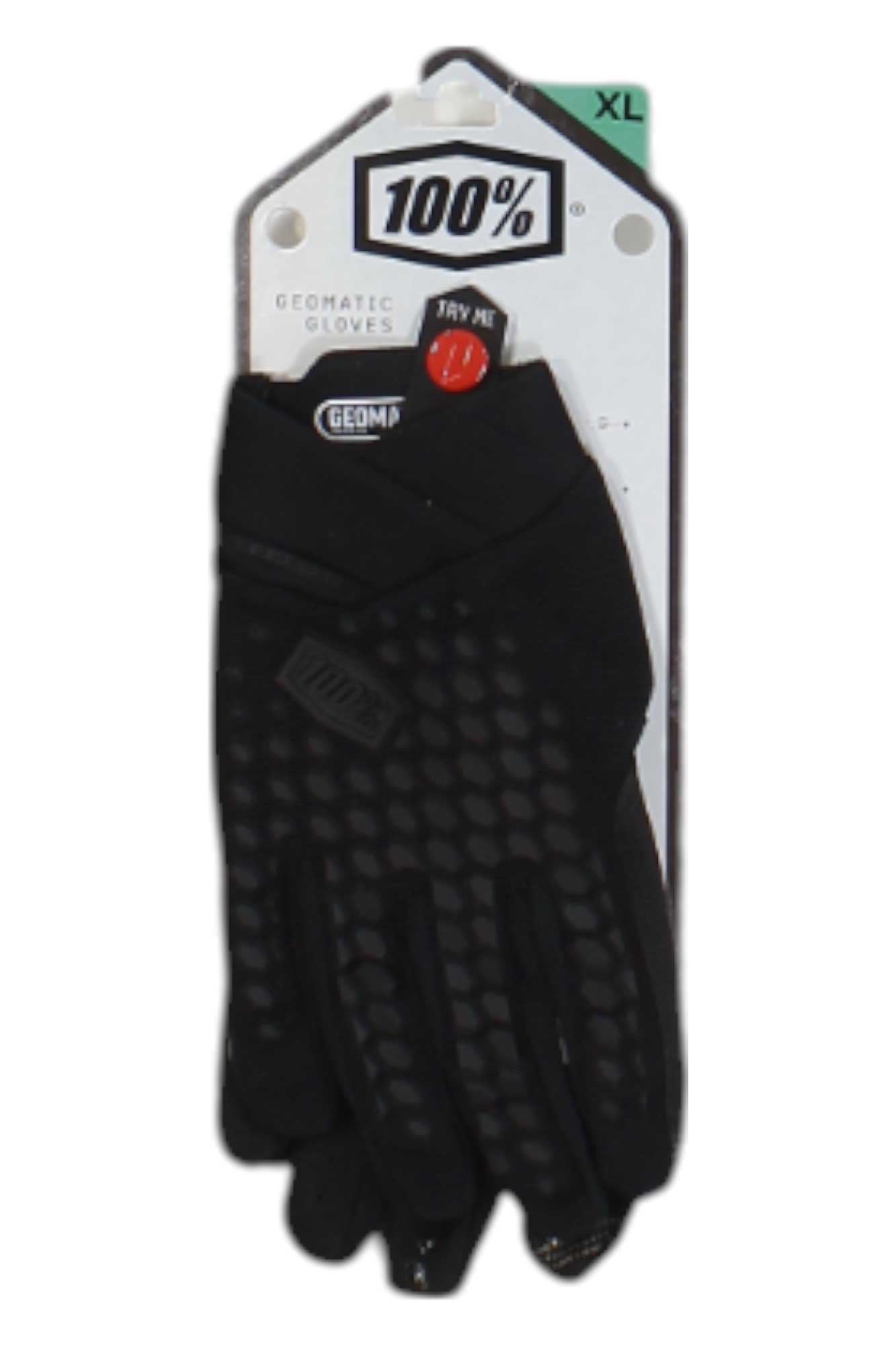 A pair of XL black 100% Geomatic Gloves is shown on white and black cardboard packaging with a Try Me button, designed for mountain biking and featuring TPR knuckle protection.