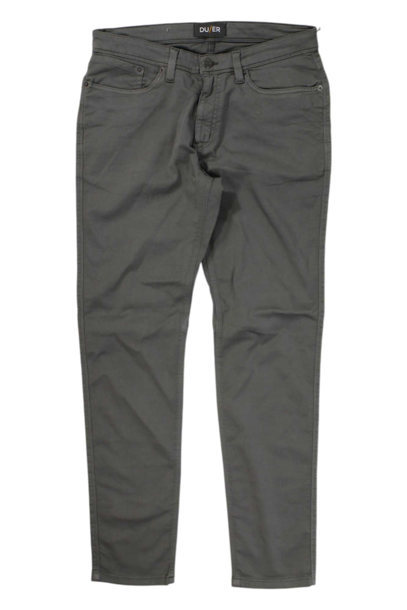 A pair of DU/ER Men's No Sweat Slim Fit Pant in gray, featuring front and back pockets, belt loops, button closure, and moisture-wicking fabric, laid flat on a white background.