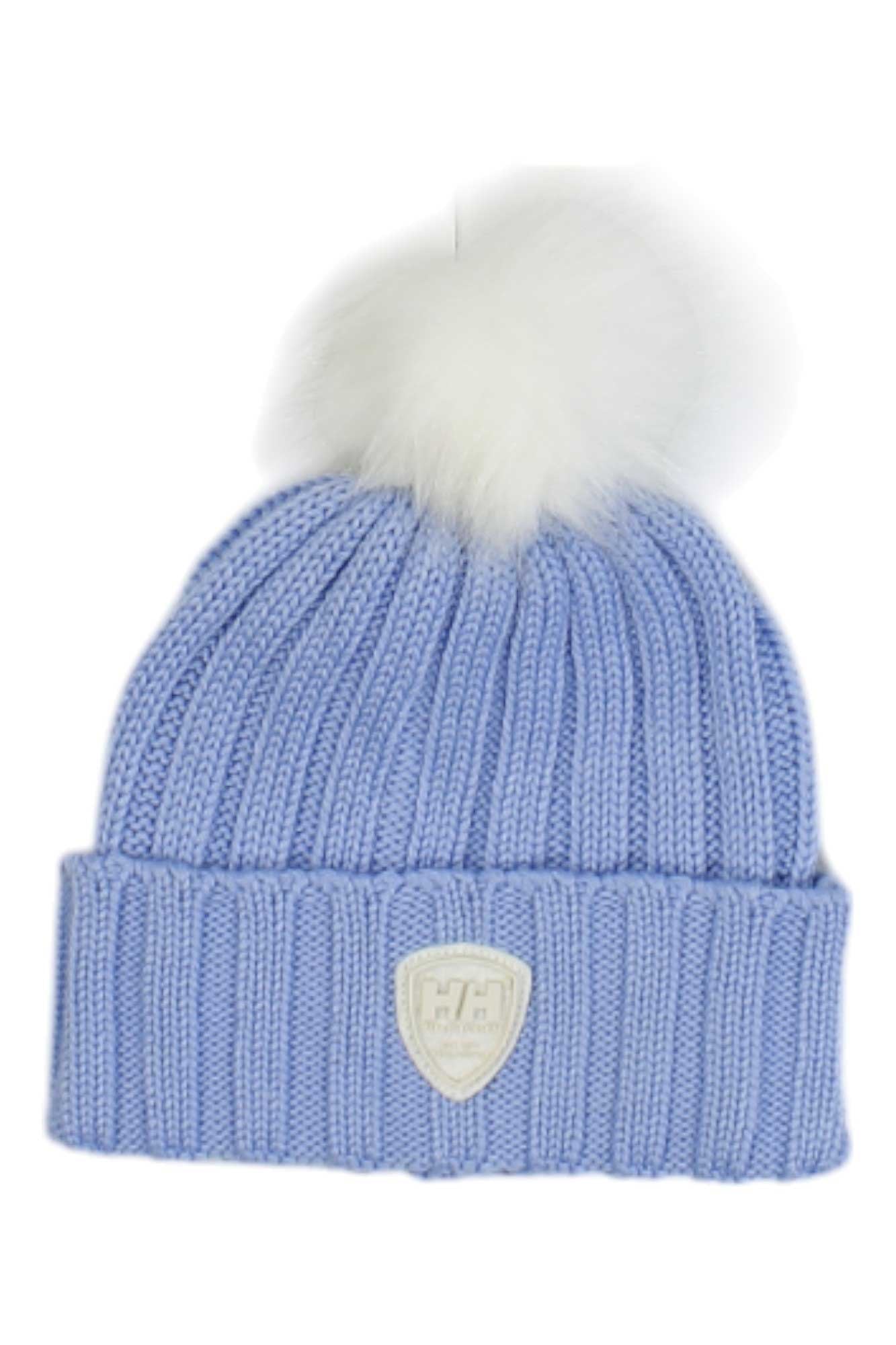 Light blue ribbed knit beanie, white pom-pom top, crest logo badge on cuff