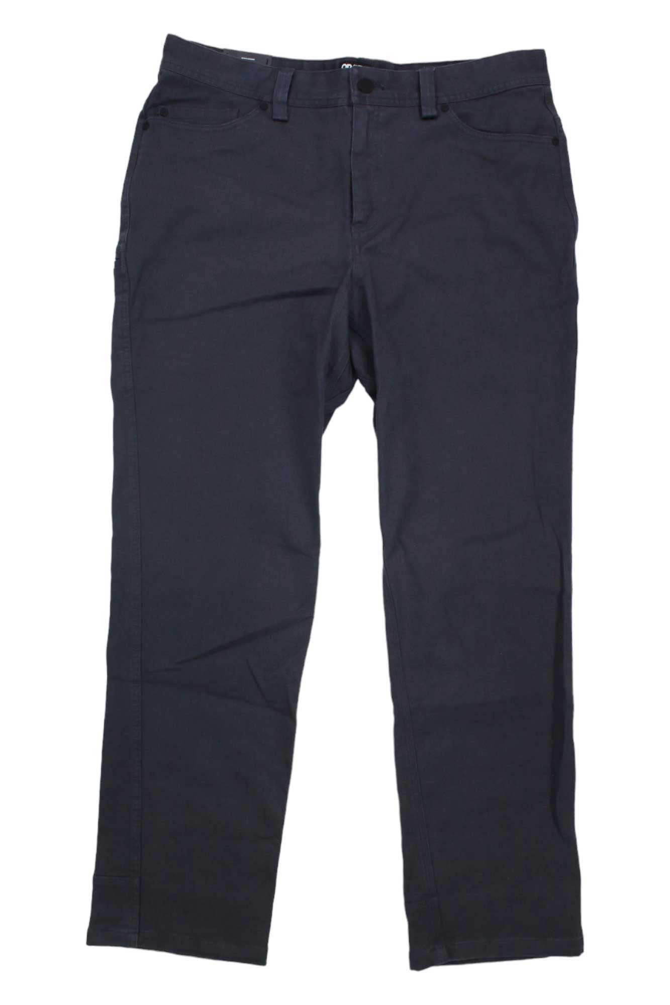 The Outdoor Research Men's Goldbar Pant, black straight-leg travel pants with belt loops plus front and back pockets, is shown laid flat on a white background.