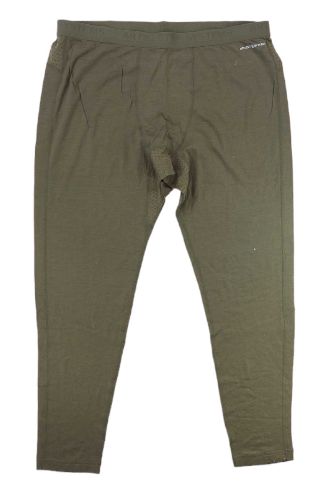 The Artilect Men's Boulder 125 Legging in olive green, featuring a slim fit, elastic waistband, and subtle pleats by the pockets, is displayed laid flat on a white background.