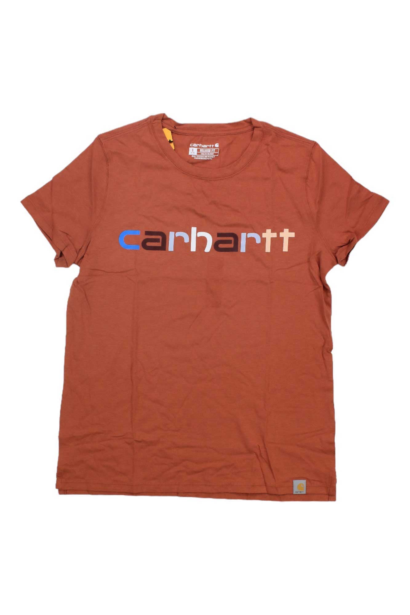 The Carhartt Womens Relaxed Fit Lightweight Multi Color Logo Graphic SS T-Shirt in rust displays the brand’s name in multicolored letters across the chest. This short-sleeved tee is shown laid flat on a white background.