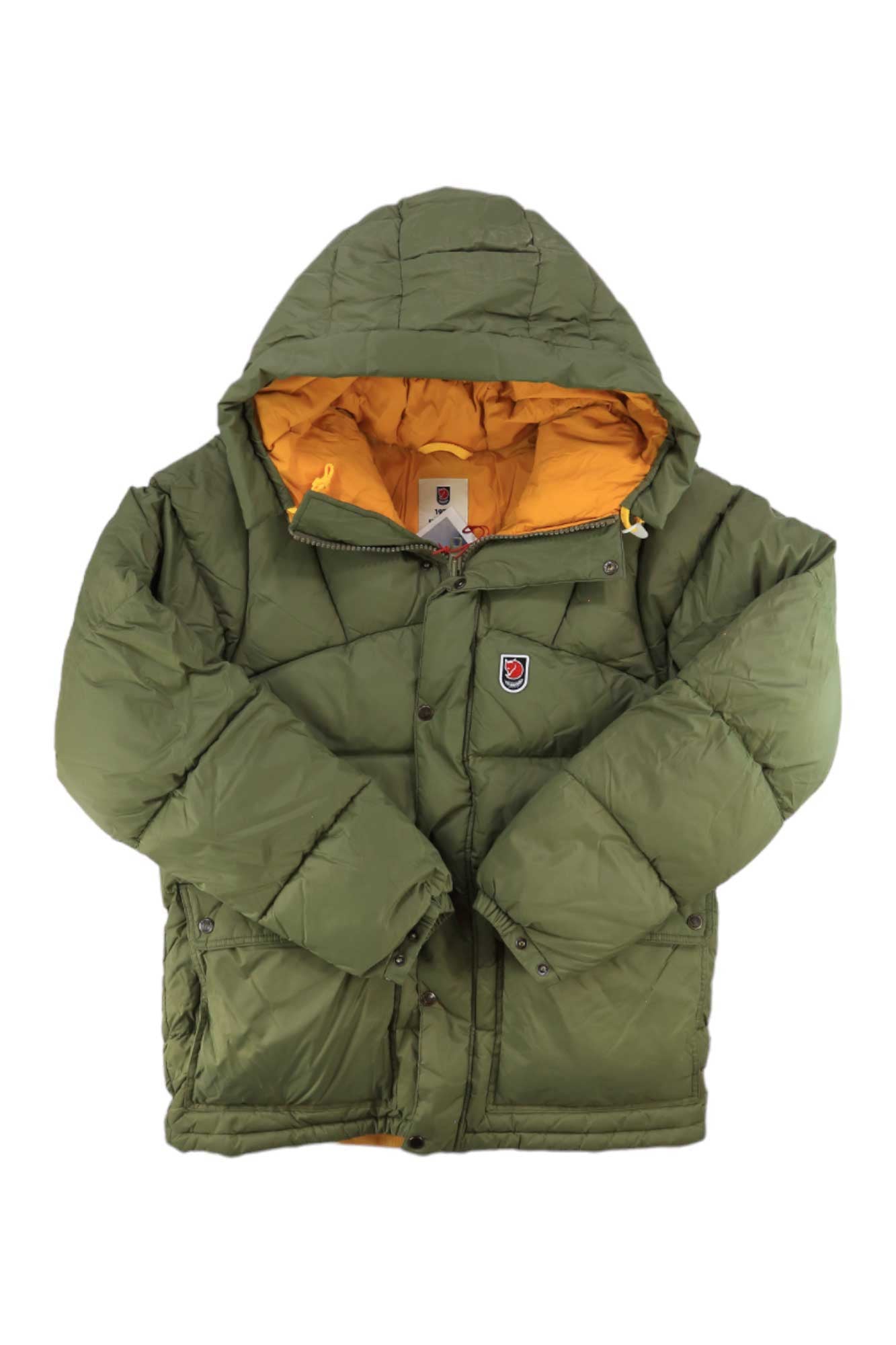 Hooded puffer jacket in olive green, quilted, zip-front with hood and snap pockets.