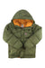 Hooded puffer jacket in olive green, quilted, zip-front with hood and snap pockets.