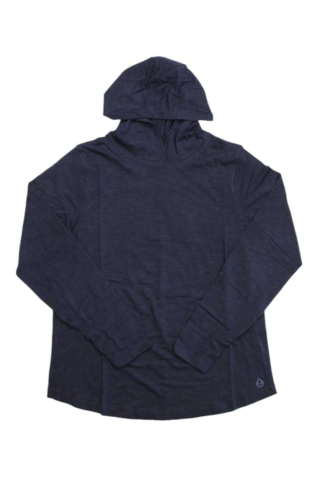 The Tasc Womens Recess Lightweight Hoodie, a dark navy, long-sleeve travel hoodie made from lightweight organic cotton, is laid flat on a white background with the hood up and sleeves extended.