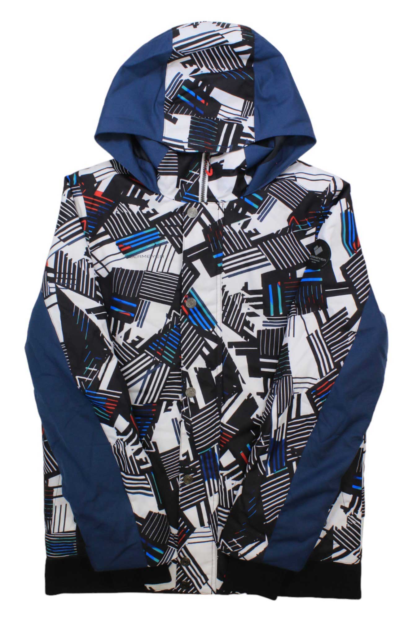 The Obermeyer Boys Gage Jacket features a bold black, white, blue, and red geometric abstract print on the front, sleeves, and hood with solid blue side and inner sleeve panels. This insulated jacket keeps boys warm on the slopes.