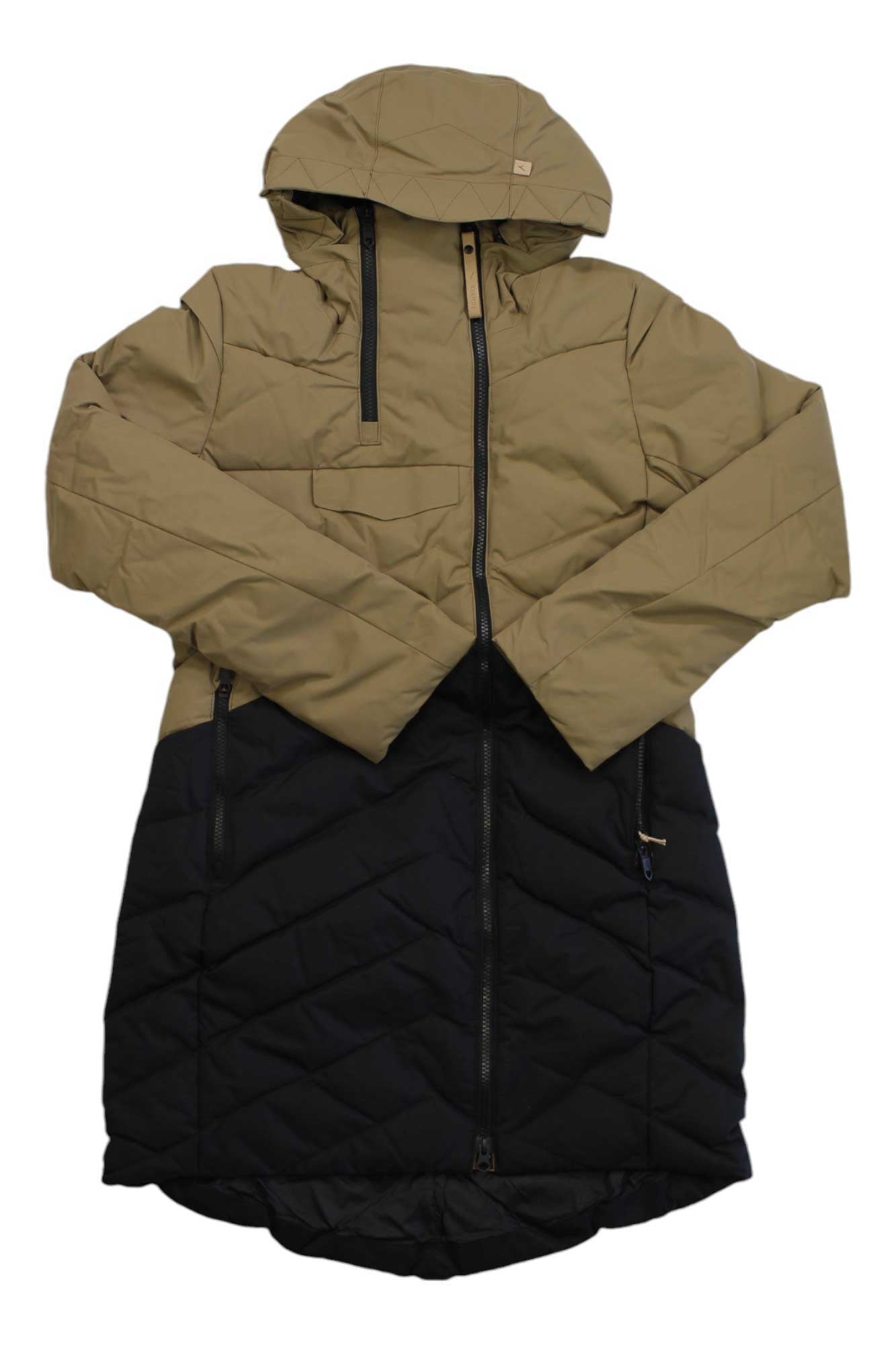 The Indyeva Womens Ayaba II Jacket is a light brown down jacket with a black quilted lower half, black zippers, and a hood. Water-resistant and warm, it offers style and protection for unpredictable weather.
