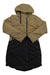 The Indyeva Womens Ayaba II Jacket is a light brown down jacket with a black quilted lower half, black zippers, and a hood. Water-resistant and warm, it offers style and protection for unpredictable weather.