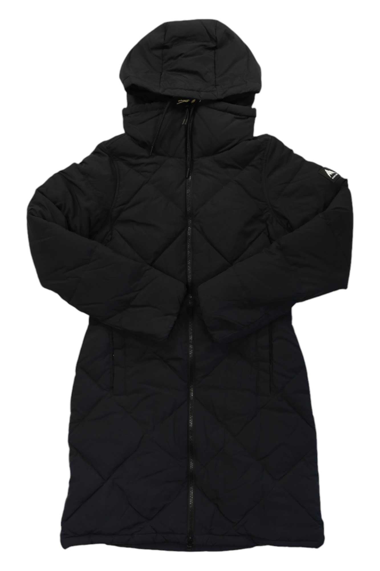 The Burton Womens Chescott Down Jacket is a long, black, slim fit quilted winter coat with a hood, full front zipper, long sleeves, diamond-pattern stitching, and an angled logo patch on the upper left arm.