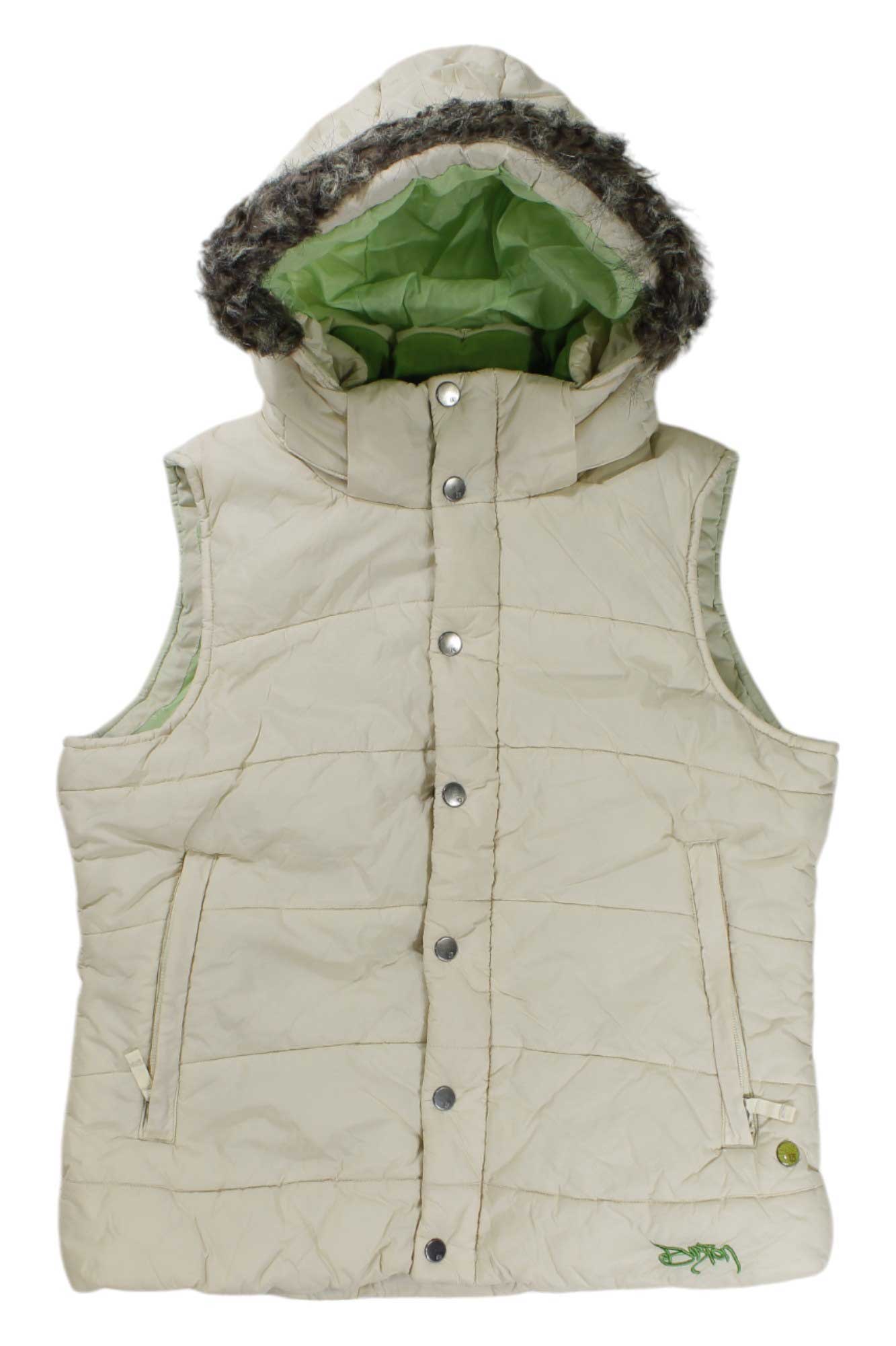 The Burton Womens Rancher Puffy Vest is cream-colored with synthetic insulation, a faux fur-lined hood, light green inner lining, snap buttons, and zippered pockets—ideal for outdoor adventures.