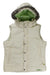 The Burton Womens Rancher Puffy Vest is cream-colored with synthetic insulation, a faux fur-lined hood, light green inner lining, snap buttons, and zippered pockets—ideal for outdoor adventures.