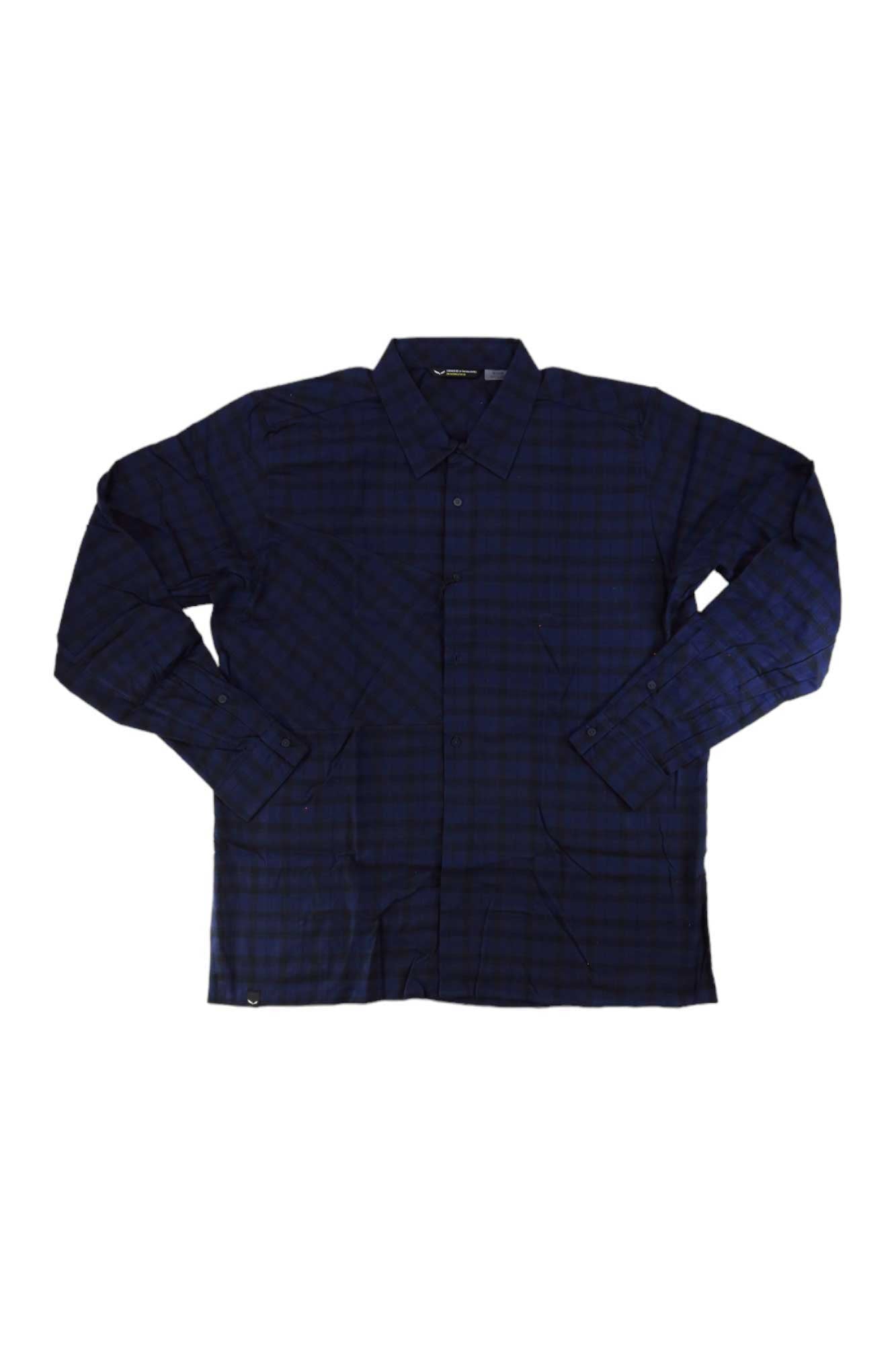 Men's flannel plaid button-up shirt, navy check, button front, long sleeves