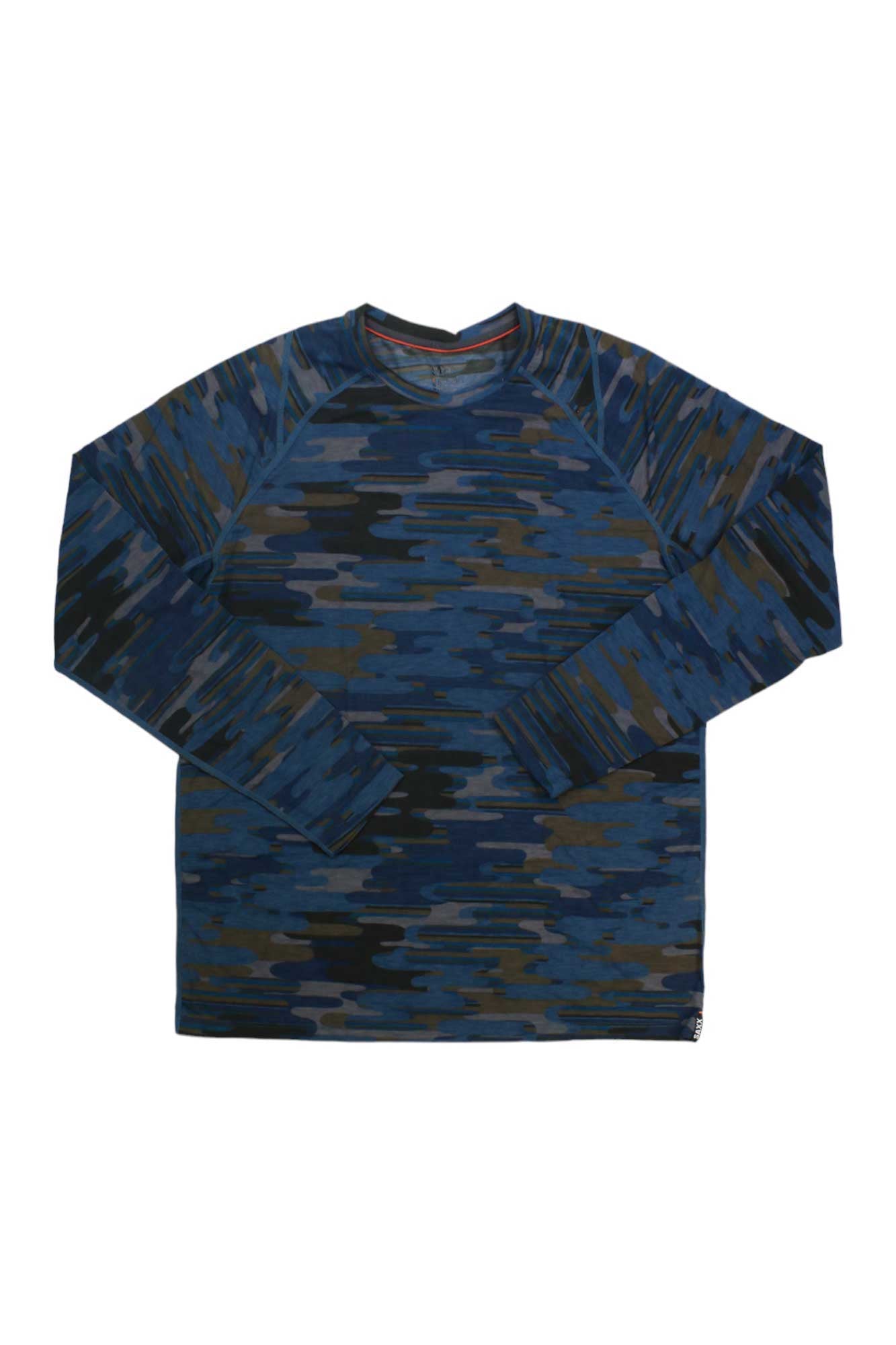 The SAXX Mens Viewfinder LS Crew features a blue and black abstract camouflage pattern, displayed laid flat on a white background.