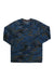The SAXX Mens Viewfinder LS Crew features a blue and black abstract camouflage pattern, displayed laid flat on a white background.
