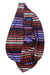 The KAVU Womens Rope Sling Bag features purple, red, and brown stripes, water-resistant 600D polyester, the KAVU logo, a main zippered pocket, and a front pocket—both with purple zippers.